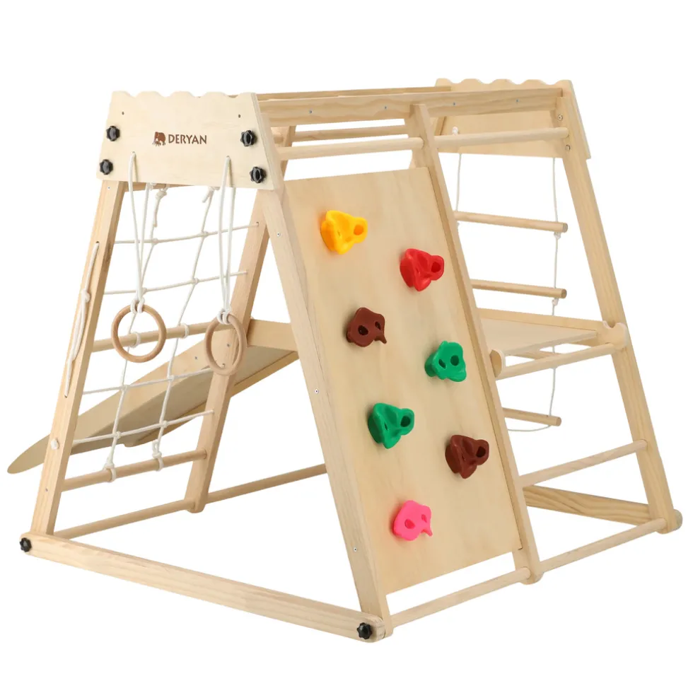 Deryan Luxe Houten Speelklimrek Met Glijbaan Klimwand En Accessoires