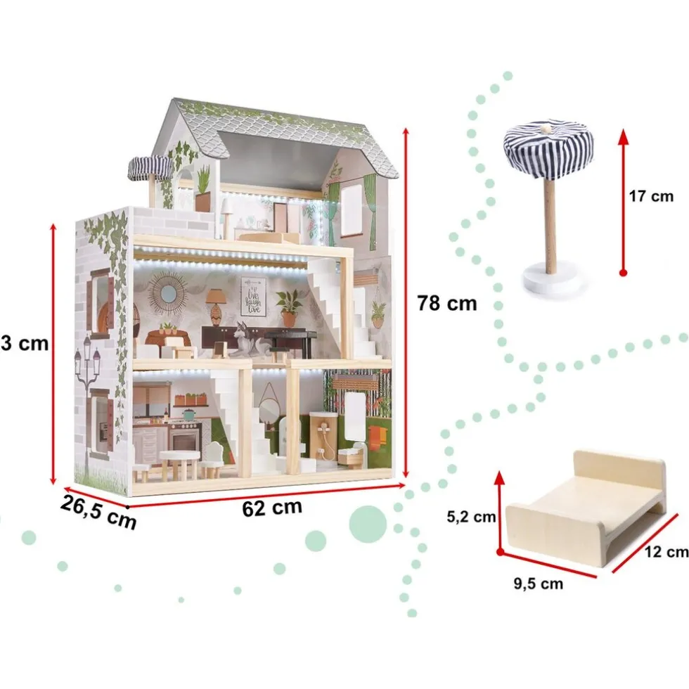 Ikonka Luxe Boho Stijl XL Houten Poppenhuis met Meubels Met LED verlichting