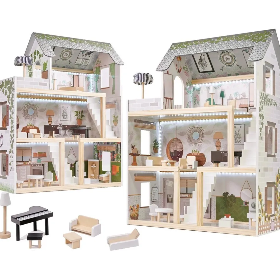 Ikonka Luxe Boho Stijl XL Houten Poppenhuis met Meubels Met LED verlichting