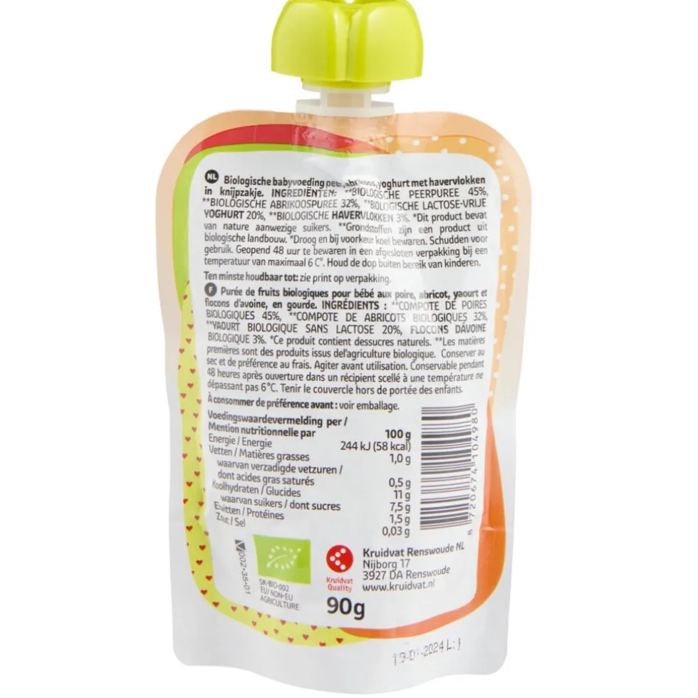 Kruidvat 6+M Bio Yoghurt Abrikoos Peer Haver Knijpfruit