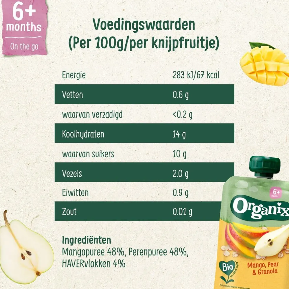 Organix 6+M Mango, Peer & Granola Knijpfruit