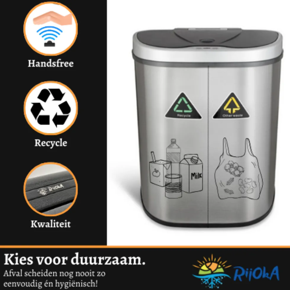 Rijoka Prullenbak met Sensor Dubbel 70 Liter RVS Soft Close Vingerafdrukvrij