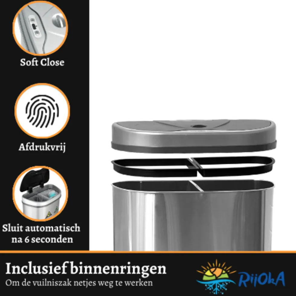Rijoka Prullenbak met Sensor Dubbel 70 Liter RVS Soft Close Vingerafdrukvrij