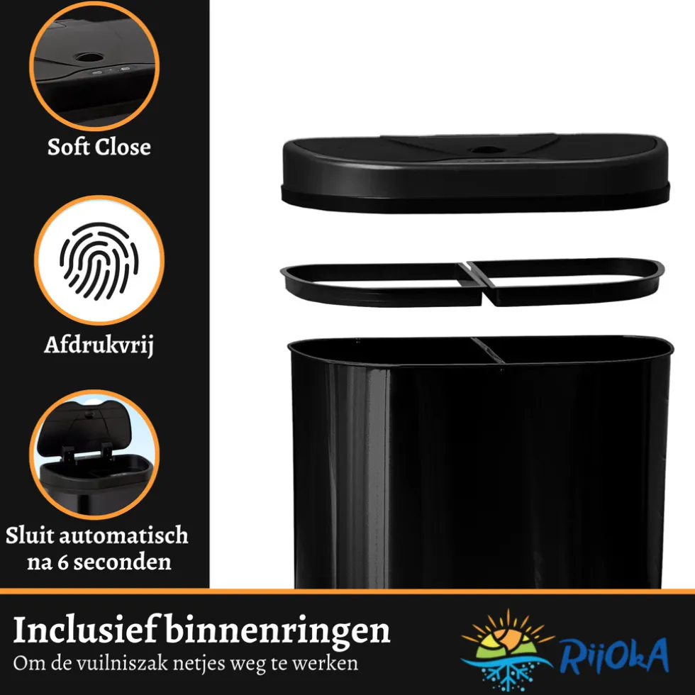 Rijoka Prullenbak Sensor Dubbel 70 Liter Recycle RVS Soft Close Vingerafdrukvrij