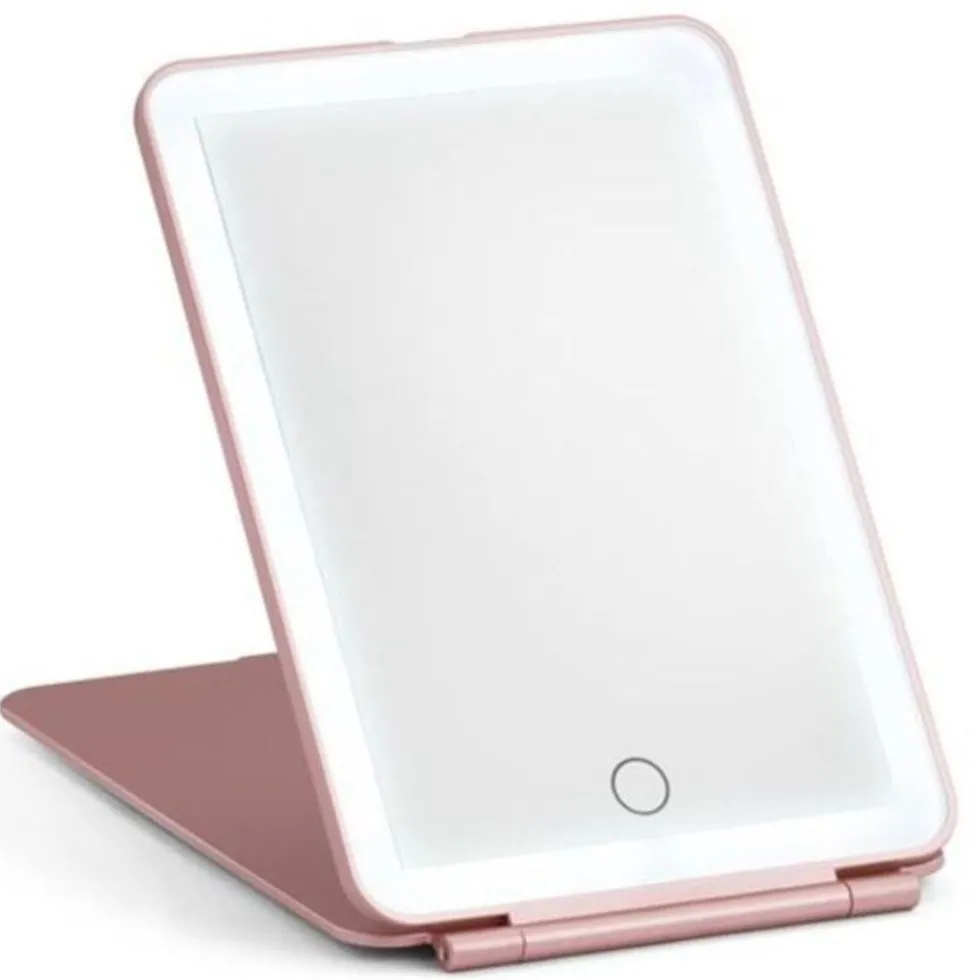 UNIQ Opvouwbare LED Make‑upspiegel (USB oplaadbaar) – Reisspiegel met 3 Lichtstanden, Roze
